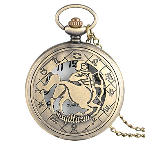 IOMLOP Reloj de bolsillo12 Constelación Astrología Zodíaco Reloj de Bolsillo Retro Collar de Bronce Colgante Hombres Mujeres Cubierta abatible Hueca Cuarzo, Sagitario