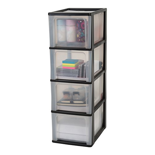 Iris Ohyama OCH-2400, Torre de Almacenamiento con 4 cajones-Organizer Chest-OCH-2400, plástico, Negro Transparente, 52 L, 26 x 35,5 x 80 cm, 4 x 13 L