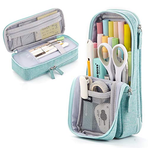 iSuperb Estuche Lápices de Pie Escolar Plumier Bolsa de Papeleria Plegable Soporte de Teléfono Gran Capacidad Estudiante Cremallera Estuche Adolescente Standing Pencil Case (Verde)