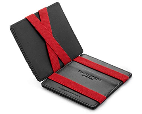 JAIMIE JACOBS ® Cartera Mágica Flap Boy Slim, el Original, Magic Wallet con Bloqueo RFID, Protege Tarjetas de Crédito, Tarjetero Hombre Slim, Cuero Auténtico (Negro Napa con Rojo)