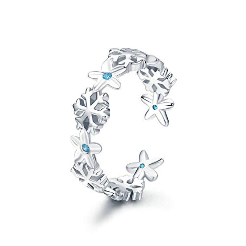 JIARU Anillo de plata de ley 925 para mujer, anillo ajustable, anillo simple y chapado en platino, anillo de copo de nieve de invierno y circonitas incrustadas para regalo