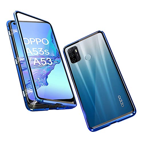 JoiCase Funda para OPPO A53/ OPPO A53s Adsorcion Magnetica Carcasa 360 Grado Protección Estuche Marco Aluminio Vidrio Templado Anti Choque Metal Flip Cover - Azul