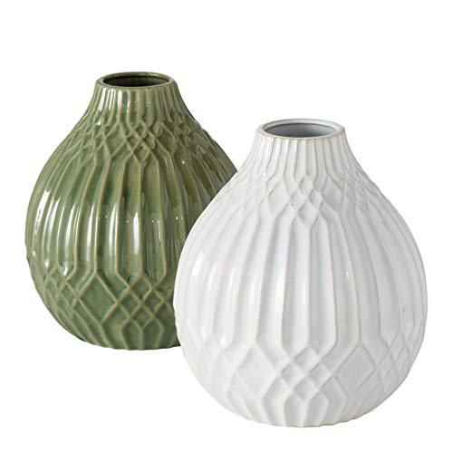 Juego de 2 jarrones decorativos de porcelana con estructura, color blanco y verde, 23 x 19 cm