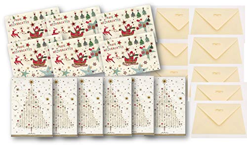 Juego de 2 x 6 tarjetas de Navidad con 12 sobres – relieve de alta calidad: árbol de Navidad dorado y Papá Noel en trineo, cartón natural mate con interior en blanco para saludos navideños