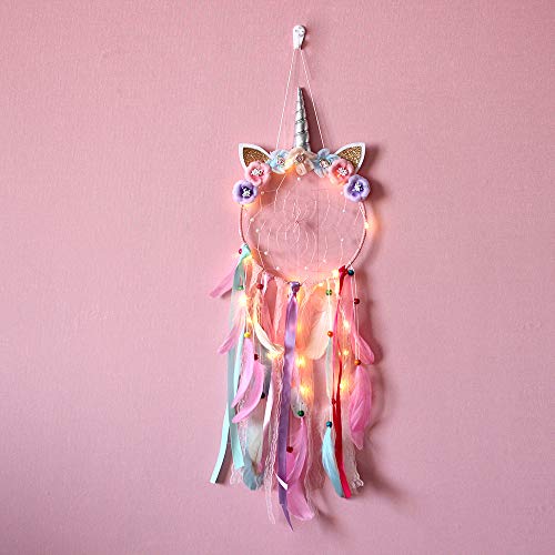 JZK Rosa atrapasueños Unicornio con luz para niñas, atrapasueños Plumas con luz LED para decoración de Dormitorio, Colgante de Pared, Regalo de cumpleaños para niñas