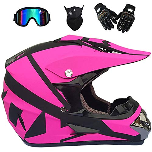 KIVEM Casco de Moto,Casco de Motocross para Niños Adultos Casco De Motocicleta Profesional MX Scooter ATV Quad Bike Go Kart Casco con Gafas Guantes Máscara - Rosado - S/M/L/XL,S