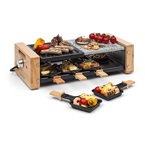 Klarstein Chateaubriand Nuovo Raclette con Piedra Natural - Barbacoa Raclette, Parrilla, 1200 W, Aluminio/Piedra, 8 Personas, Regulable, Acero Inoxidable, con Accesorios, Negro-Marrón