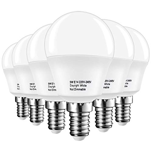 LAKES E14 Bombilla LED, pequeño tornillo Edison Pelota de golf P45, 5W 450LM (bombilla incandescente 40W equivalente), luz diurna 6000K, paquete de 6 [Clase de eficiencia energética A +]