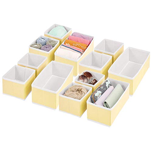 mDesign Juego de 12 Cajas organizadoras – Cestas de Tela para almacenaje en cajones de Dos tamaños – Organizadores para armarios para Guardar Calcetines, Ropa Interior y más – Amarillo Claro/Blanco