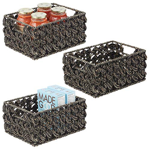 mDesign Juego de 3 cestas organizadoras para armario o estante – Canasta trenzada de junco marino y alambre de metal – Cesto extraíble con asas para baño, cocina, etc. – 22,9 x 30,5 x 15,2 cm – negro