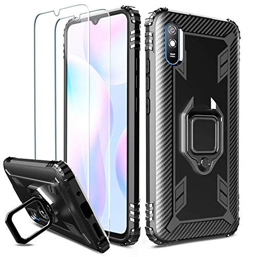 Milomdoi [Funda y 2 Unidades] Funda para Xiaomi Redmi 9A + 2 Unidades Protectore Pantalla Cristal Templado HD, Carcasa con 360 Grados Anillo iman Soporte y Silicona TPU Anti Caída Case-Negro