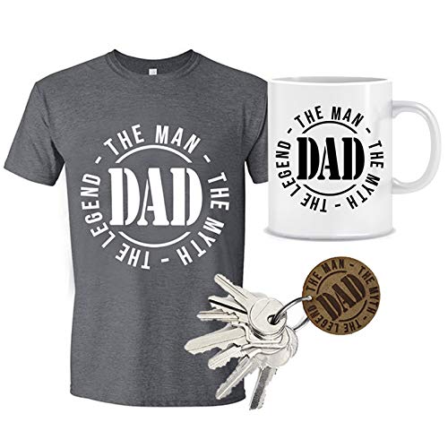 MIMUSELINA Regalo Papá Pack Dia del Padre de Camiseta Hombre, Taza Dad y Llavero de Madera Dad, con Sello Papi Dad, The Man, Myth, Legend. Regalo Papa Padre Primerizo (Talla S)