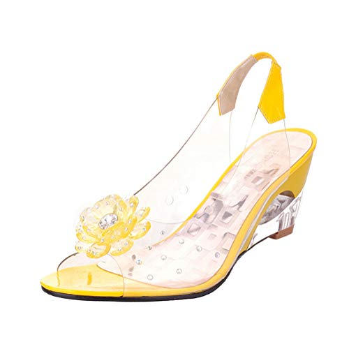 Minetom Sandalias Mujer Cuña Verano Plataforma Punta Abierta Flor Zapatos De Tacón Alto De Playa Fiesta Transparentes Sandalias De Cristal Amarillo 42 EU