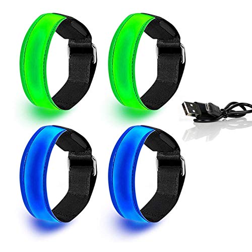 Mioke Brazaletes LED Recargable USB,4PACK Banda Reflectante Ajustable Alta Visibilidad para Correr, Bicicleta, Conciertos, Festivales o Caminar de Noche (2 Azul + 2 Verde)