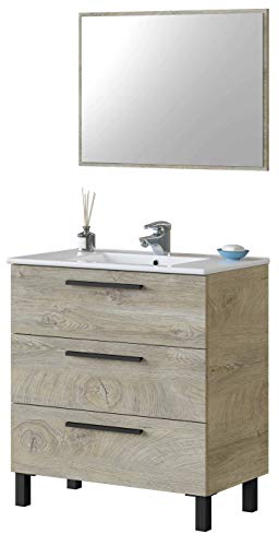 Miroytengo Mueble baño Athena Aseo 3 cajones Roble Alaska Espejo Industrial 80x45 cm con LAVAMANOS CERÁMICO