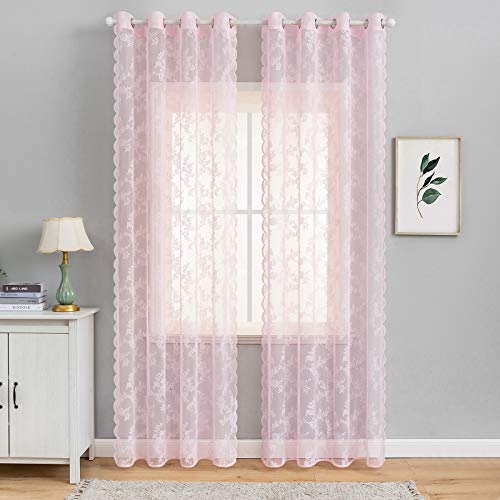 MIULEE 2 Hojas Cortinas Salon Lace Visillos Cortina de Encaje Floral Cortinas Translúcidas Florales de Habitacion Dormitorio Tul con 8 Anillas Rómanticas para Ventana Balcon Salón 150x260cm Rosado