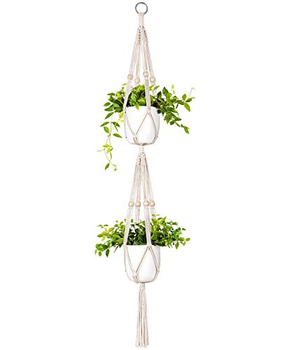 Mkouo Macramé Suspensión de Plantas 2 Niveles Interior Outdoor Cesta Colgante de Maceta Cuerda de Algodon with Beads 124cm