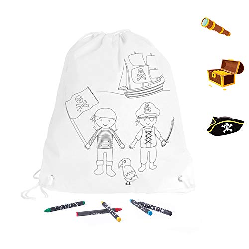 Mochila infantil piratas con 4 ceras para colorear. LOTE DE 10 UNIDADES. Regalos para cumpleaños y fiestas de niños. Detalles para invitados infantiles