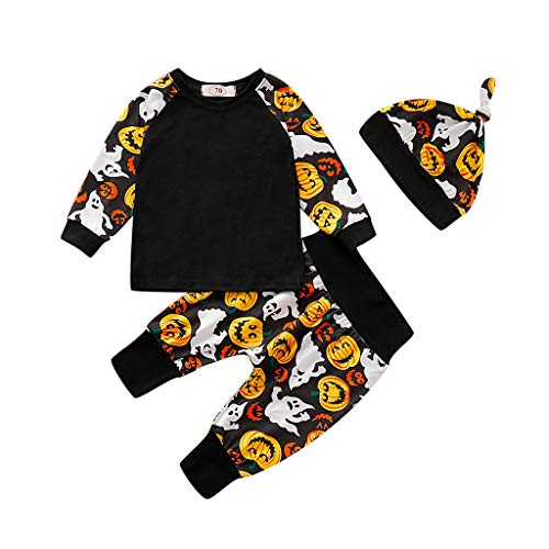 Moneycom❤ Halloween recién nacido para bebé niña calabaza camiseta + pantalón sombrero conjunto conjunto de Halloween fiesta retro Patchwork cuento de hada antiguo negro Negro 12-18 Meses