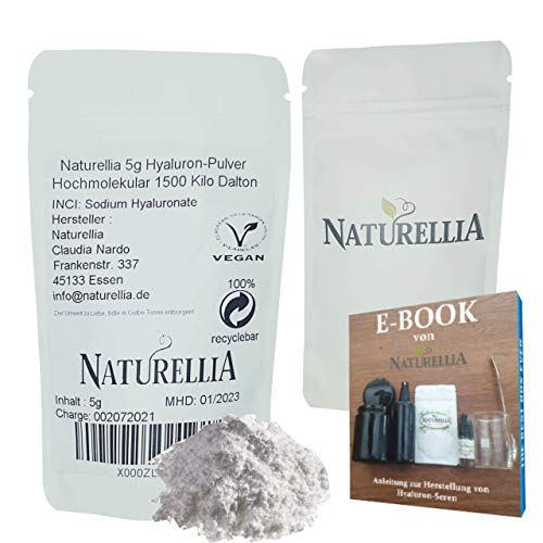 Naturellia Acido Hialuronico Polvo 5 Gramos 1500 k-Dalton Altamente Concentrado - Alto Peso Molecular Para el Efecto de Superficie - Solo Mezclar una Crema Antienvejecimiento en el Hogar