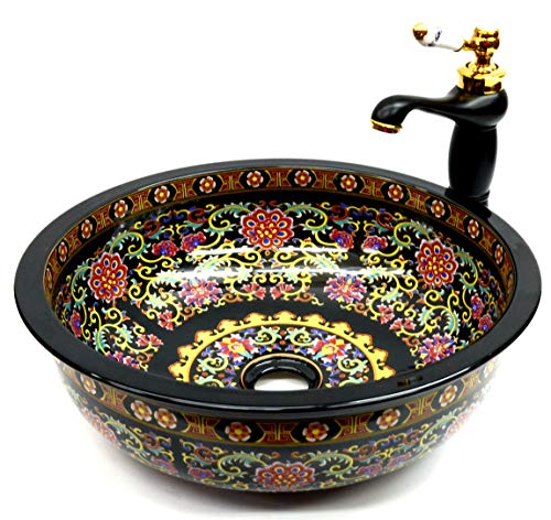 Negro floral flor modelado baño cerámica encimera lavabo lavabo lavabo redondo tazón vintage Kasbah marroquí pintado a mano impresión artesanal elegante moderno retro