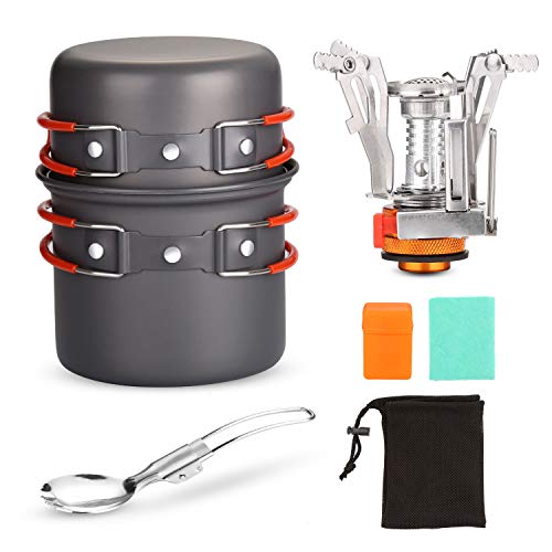 Odoland Kit de Utensilios de Cocina para Acampar con Ollas Camping y Sartén en Aluminio Anodizado No Tóxico, Estufa Trekking y Cuchara Plegable - Set Cocina Camping para Excursión, Senderismo