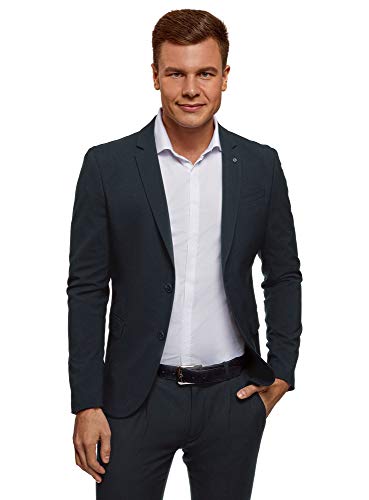 oodji Ultra Hombre Chaqueta Básica Entallada, Azul, 44