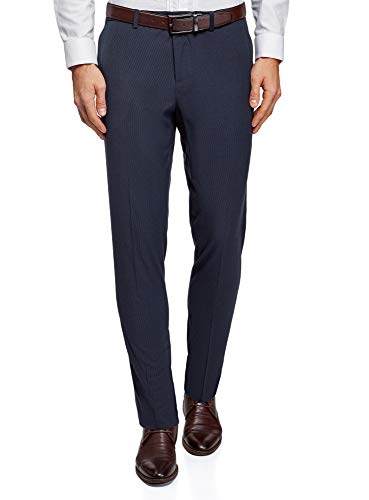 oodji Ultra Hombre Pantalones Clásicos con Pinzas, Azul, 42