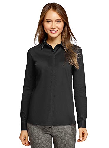 oodji Ultra Mujer Camisa de Algodón con Decoración en el Cuello, Negro, ES 34 / XXS