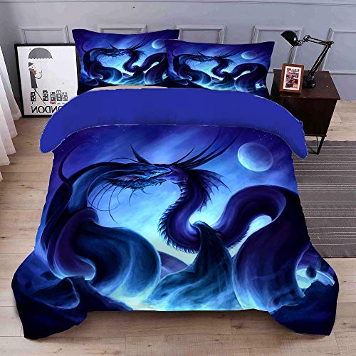 PERFECTPOT Ropa De Cama 3D Dragón Azul Juego De Fundas De Edredón 3 Piezas Poliéster 1 Funda Nórdica Y 2 Funda De Almohada 240Cm Ancho X 220Cm Alto