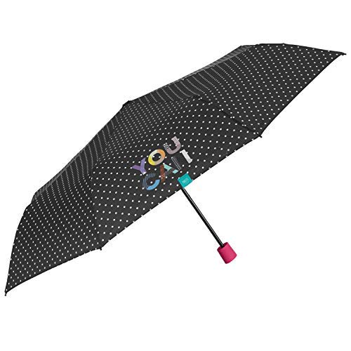 PERLETTI Paraguas Mujer You Can Plegable Manual - Sombrilla Negra con Detalles Fucsia Chica - Paraguas de Viaje Compacto Antiviento - PFC Free - Diámetro 97 cm (Negro Lunares)