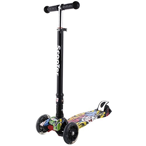 Profun Patinete Plegable con 4 Ruedas PU con Led Luces Altura Ajustable Desde 77-87CM con Freno Posterior con Grafitti en Tabla Seguro para Niños