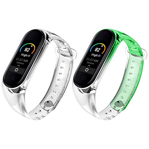 Qianyou 2 Piezas Correas para Xiaomi Mi Band 5 Silicona, Pulsera con Funda Impermeable TPU Reemplazo Colorida Reloj Banda para Xiaomi Mi Band 5,Claro+Verde