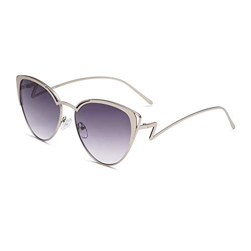 QINGZHOU Gafas de Sol,Gafas de sol de ojo de gato de moda Gafas de sol de hoja de océano de metal para mujer Gafas de sol de todo fósforo, Marco plateado Hojas grises dobles