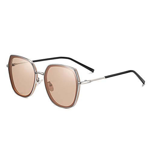 QINGZHOU Gafas De Sol,Gafas de sol polarizadas para mujer, gafas de sol retro multilaterales a la moda, plata brillante/hoja de té T19