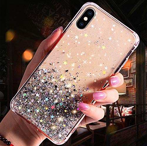 QPOLLY Funda Glossy Compatible con iPhone XS MAX,Transparentes Star Glitter Bling Funda Ultra Delgada Silicona Suave TPU Gel Bumper Protectora Transparente a Prueba de Golpes Funda,Transparente