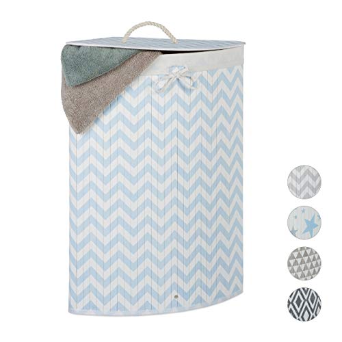 Relaxdays Cesto Ropa Sucia Esquinero con Tapa, Cubo Colada Plegable, 60 L, Zigzag, 65,5 x 49,5 x 37 cm, Blanco-Azul, 65.5 x 49.5 x 37 cm