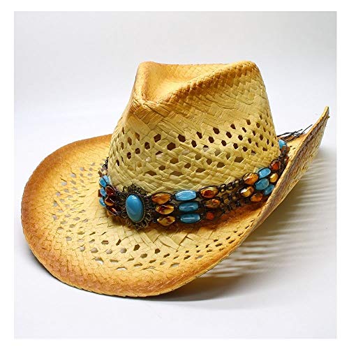 Retro Señoras Hombres Sombrero De Sol Hueco ala Ancha Sombrero De Vaquero Turquesa Playa Jazz Sombrero De Paja Sombrero Adulto Moda Playa Sombrero(Size:56-58cm,Color:Natural)