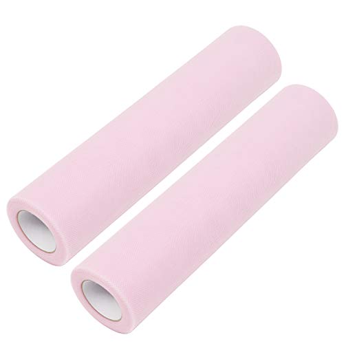 Rollo de Tul (Pack de 2) - 25m Largo x 30cm de Ancho, Bebé Rosa Tela de Tul para Tutú Falda, Caminos de Mesa, Lazos Sillas, Envolver Regalos, Pompones, Manualidades, Decoración Boda y Cumpleaños