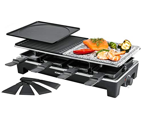 ROMMELSBACHER Raclette Grill RCS 1350 – 2 placas reversibles, 1 plancha de piedra, 8 sartenes, 8 rasquetas, antiadherente Xylan Plus, regulación de temperatura continua, 1350 W