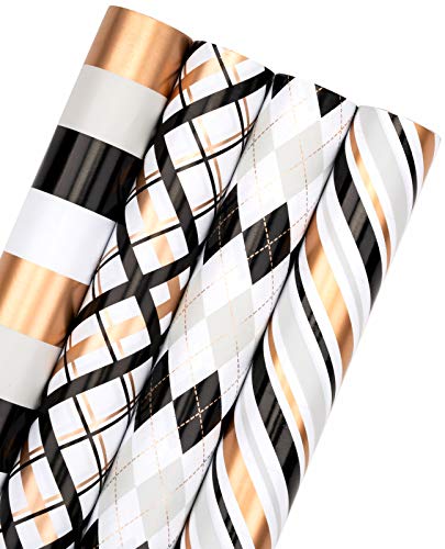 RUSPEPA Rollo De Papel De Regalo - Diseño Geométrico Negro Y Dorado, Perfecto Para Vacaciones, Fiestas, Baby Shower, Embalaje De Regalo - 4 Rollos - 76 cm X 305 cm Por Rollo