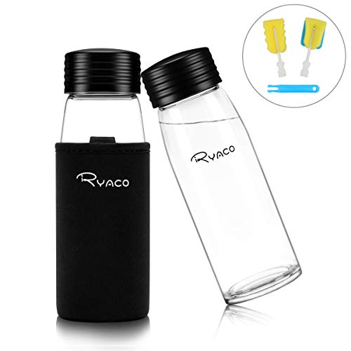 Ryaco Botella de Agua Cristal 450 ML, Botella de Agua Reutilizable 15 oz, Boca Ancha sin BPA Antideslizante Protección Neopreno Llevar Manga y Cepillo de Esponja, Negro