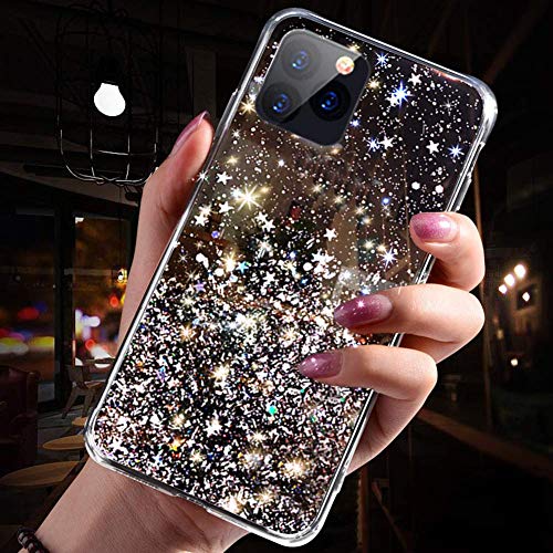 Saceebe compatible con iPhone 11 Pro Max 6.5 Funda Silicona Glitter Transparente TPU Carcasa de TPU Glitter Star Estuche Silicona Cover [Anti-Choque] Ultra Delgado Protectora Bumper,Negro