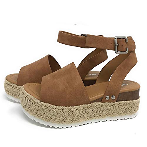 Sandalias Mujer Verano 2041 cáñamo Fondo Grueso Sandalias Punta Abierta Cuero Fondo Plano Zapatos Bohemias Romanas Hebilla Zapatillas