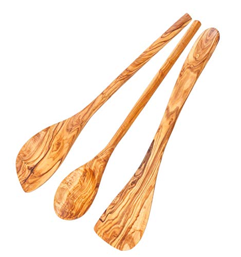 Schwertkrone Juego de cucharas de cocina de madera de olivo, espátula, cuchara para risotto, puntiaguda y redonda (juego de 3 piezas)