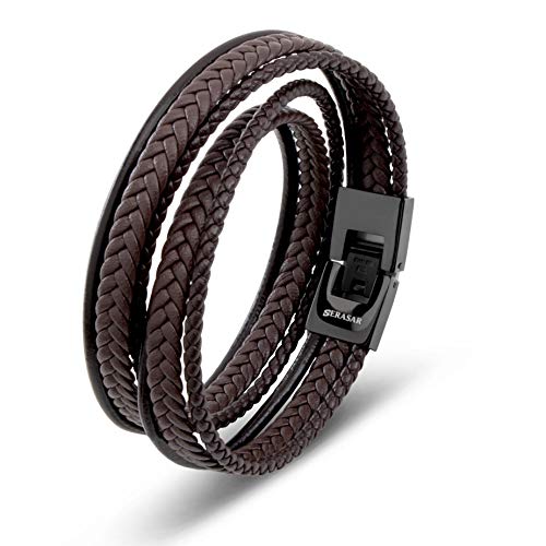 SERASAR Pulsera España Hombre Marrón 34cm Pulsera de Cuero Hombre Chico Pulseras Hombres Brazalete Pulso Muñequera Bisuteria Bisutería Joyeria Nudos Cuerda Cuerdas Bracelet Jewellery Unisex Ancha