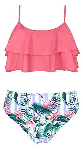 SHEKINI Niña Traje de Baño de Dos Piezas Ruffle Bikini Bañadores Impresos Traje de Baño (6-8 años, Watermelon Red)