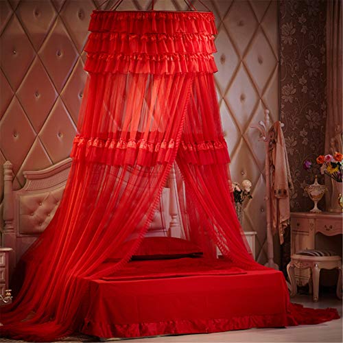 Shufeng Mosquitera 3 Capas Carpas de cúpula de Encaje Colgantes 1.5M Grande Dosel de la Cama Cortinas Princesa Decoración de la habitación Fácil instalación Red Malla Mosquito para Camas Dobles,Rojo