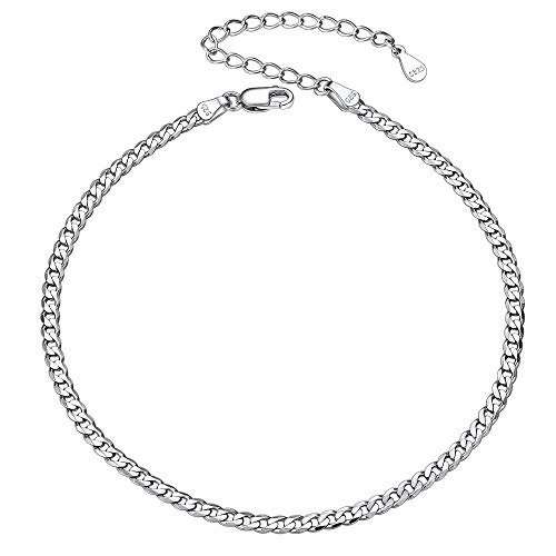 Silvora Tobillera Pulsera Cubana Plata de Primera Ley para Mujeres Hombres, 22cm + 5cm