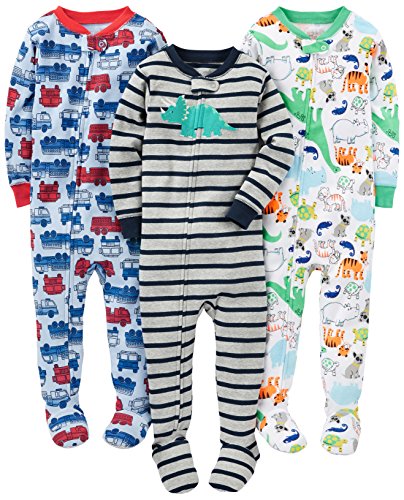 Simple Joys by Carter's Infant-and-Toddler-Bodysuit-Footies, Fire Truck/Dino/Animals Green, 3 años